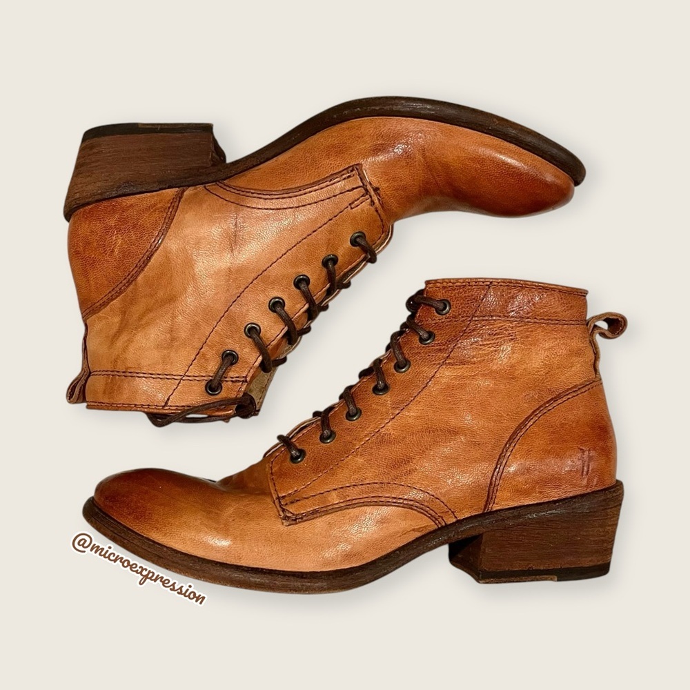 $369 Frye Carson Lace-Up Tan Brown Real Leather Lace Up Pull On Oxford Booties
